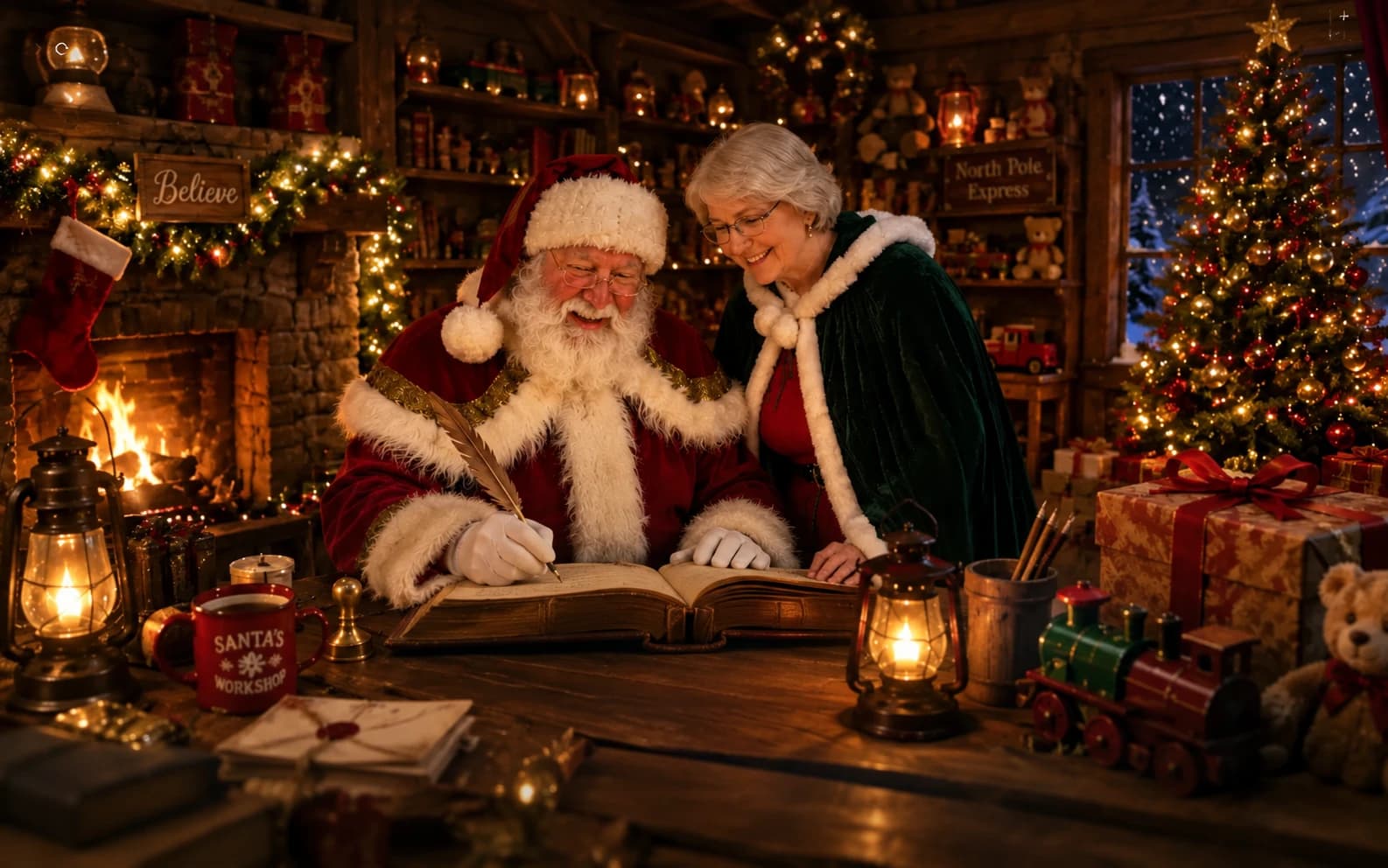 Mrs Claus listening warmly beside Santa at his desk, ready to hear the story