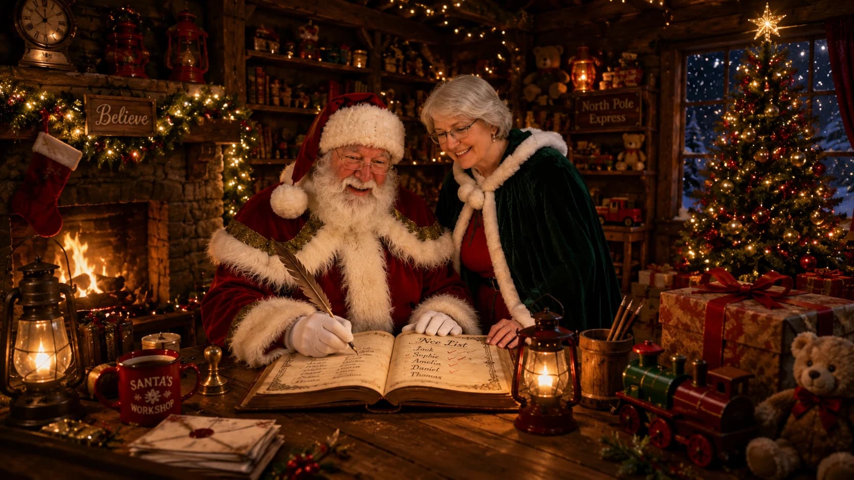 Santa and Mrs Claus together at his desk, writing in his book of letters