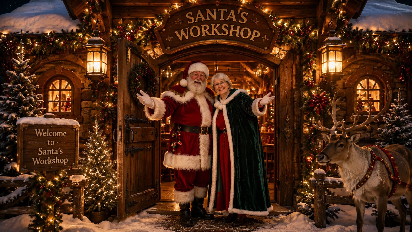 Santa and Mrs Claus at the workshop door, sending the magic on its way