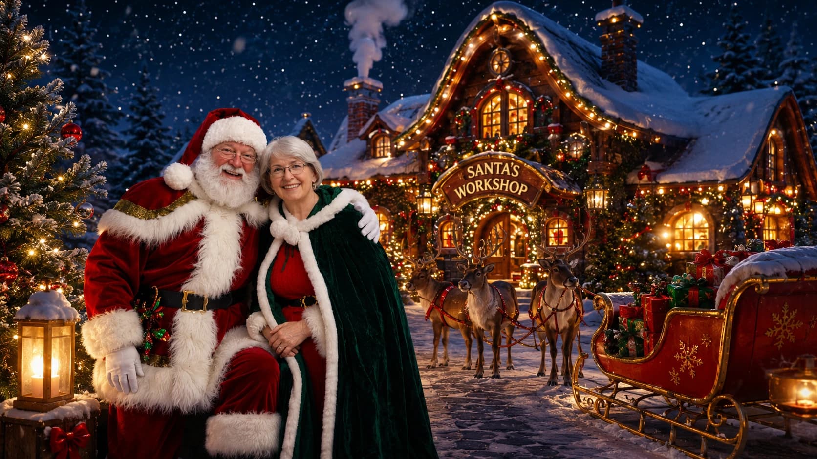 Santa and Mrs Claus outside the workshop at night, sleigh and reindeer ready